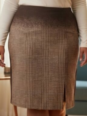 RIANI Plaid Pencil Skirt Size 12 Brown Tan WoolBlend Career Office Tailored Slit